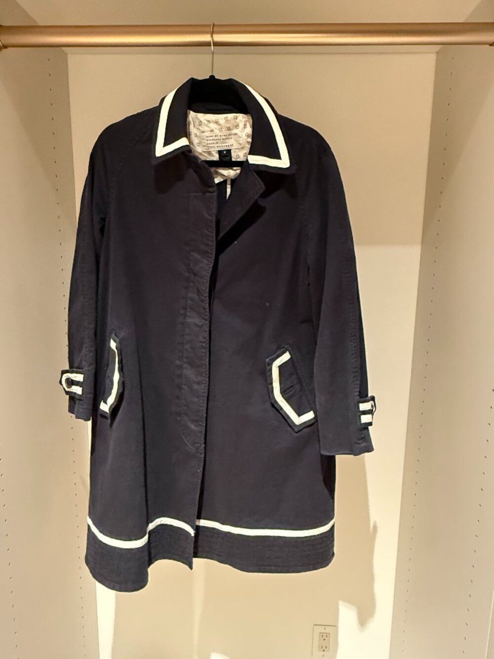 Marc by Marc Jacobs Black Cotton Trench Coat White Piping 3/4 Sleeve Nautical M - Picture 2 of 8